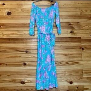 Lilly Pulitzer Odella Maxi Dress Off The Shoulder Amalfi Blue Wishes small